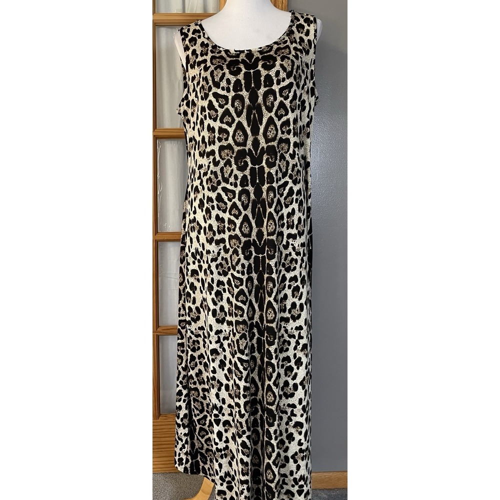 90s JBS Leopard Print Midi Dress 1X Beige Sleeveless Safari Jungle Classic Boho